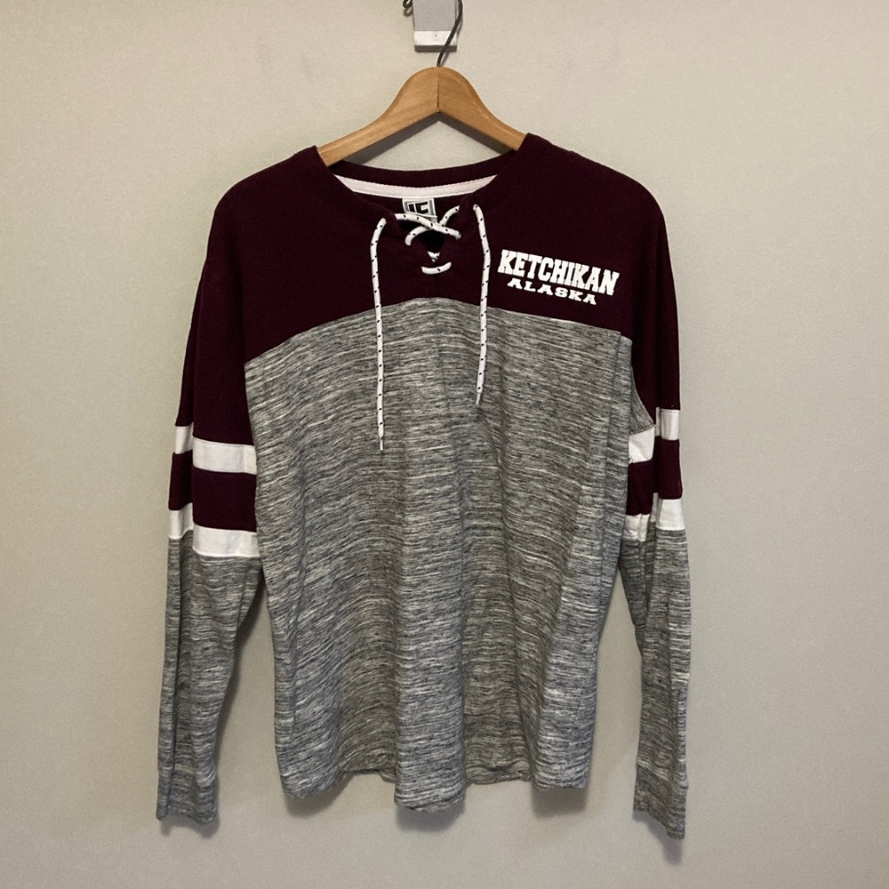 LE Maroon and Gray Lace-Up Shirt Ketchikan Alaska, Women’s Size Large